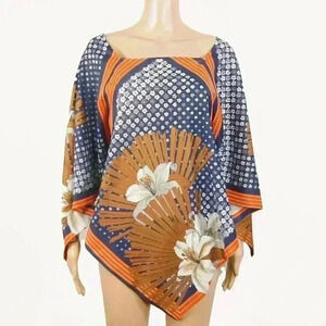 Vintage 70s Boho Hippie Blue Orange Batwing Floral Poncho Top